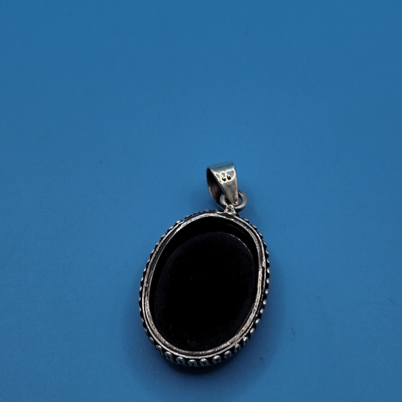Vintage Large Sterling Silver Black Onyx Oval Necklace Pendant